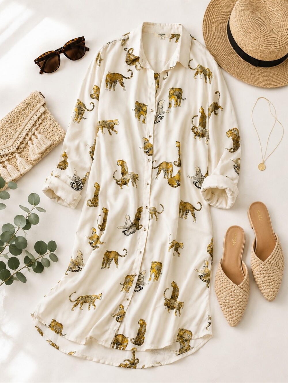 Umgee Ivory Leopard Print Button Up Flowy Poly Shirt Midi Dress. Ladies Small